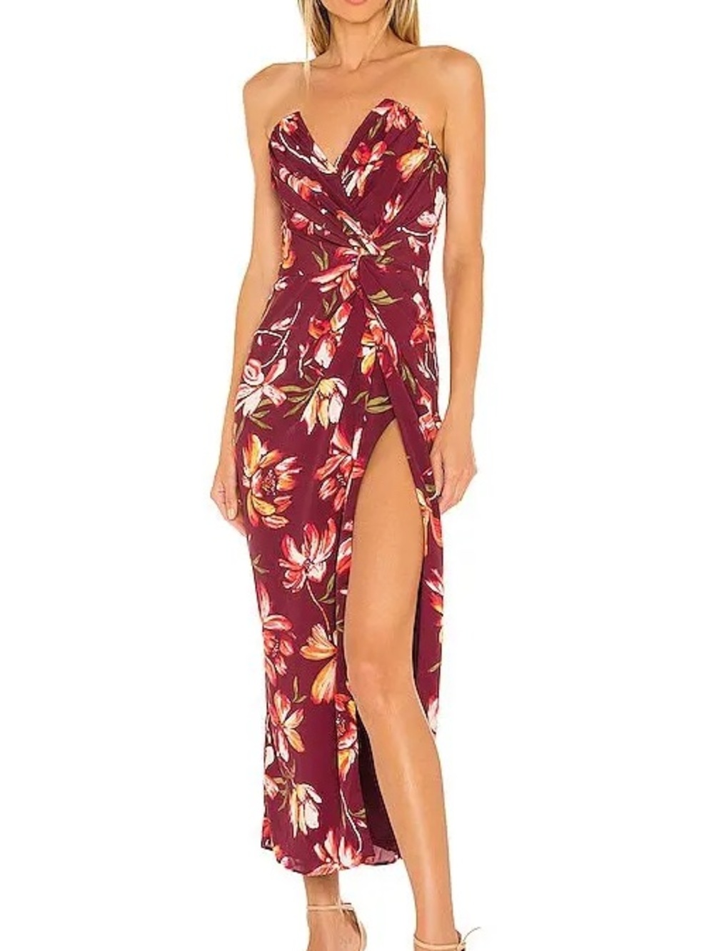 Katie May Come On Home Dress Burgundy Floral Strapless Twist Front Maxi Sz L
